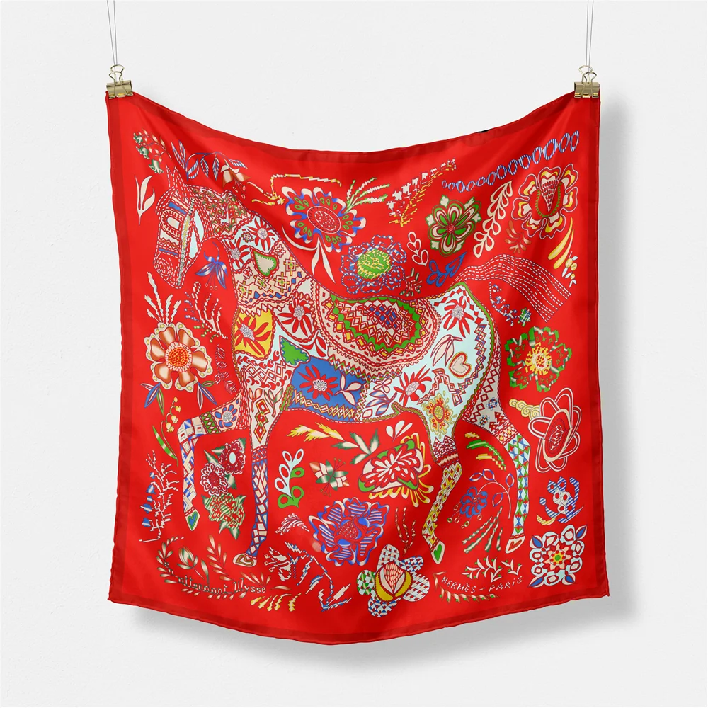 Twill Silk Scarf Woman Horse Floral Print Square Scarves Wraps Bandana Small Hijab Foulards Lady Tie Headband Neckerchief 53CM