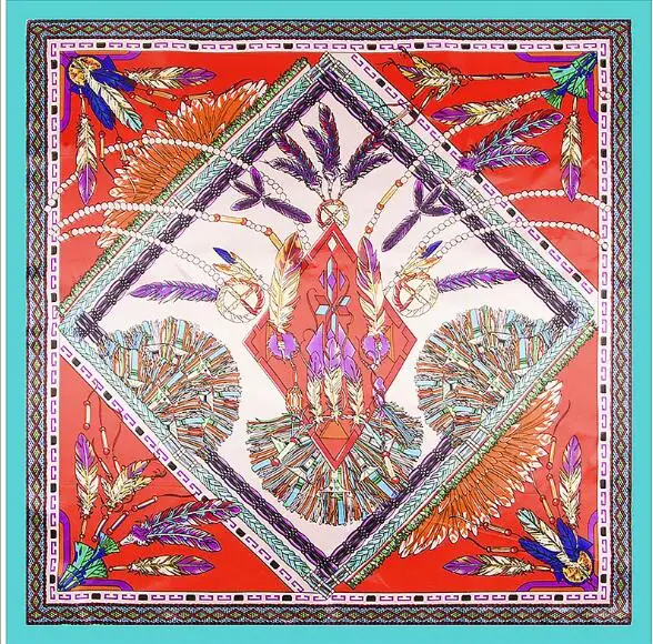 90cm x 90cm Luxury Brand Silk Scarf Women Square Scarves Indian Famous Feather Silk Shawl Wraps Hijab Bandana