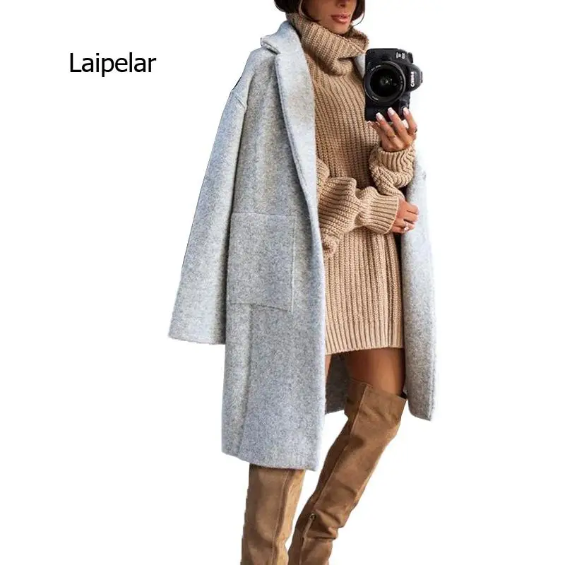 Autumn Women Wool Coat Long faux mink Single Breasted Fashion Knitting Turn Down Female Blends Causal Loose Winter Outwear