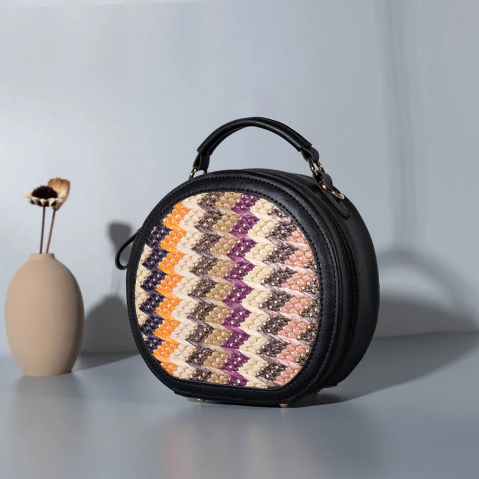 Summer Woven Patchwork Circular Straw Shoulder Bag Fashion Knitting Stripe Round Crossbody Bags For Women Leather Messenger Bag