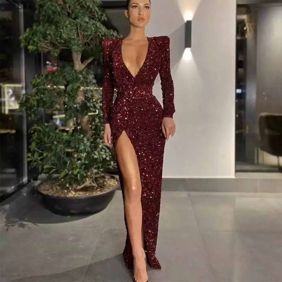 

Vinca Sunny Sexy Burgundy Mermaid Evening Gown Slim Fit Long Sleeves Sequined Side Split Women Evening Dresses Robe De Soiree