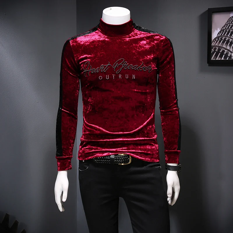 Luxury Turtleneck Embroidery Club Outfit Velvet Vintage Men Slim Fit Long Sleeve T Shirt Homme