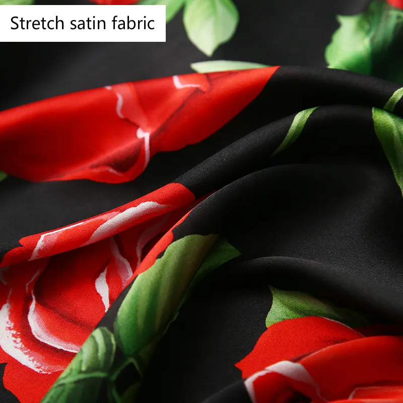 Rose Printed Chiffon Fabric Luxury Brand Fashion Design for Women\'s Skirt Clothing Polyester Stretch Satin Fabrics Cloth