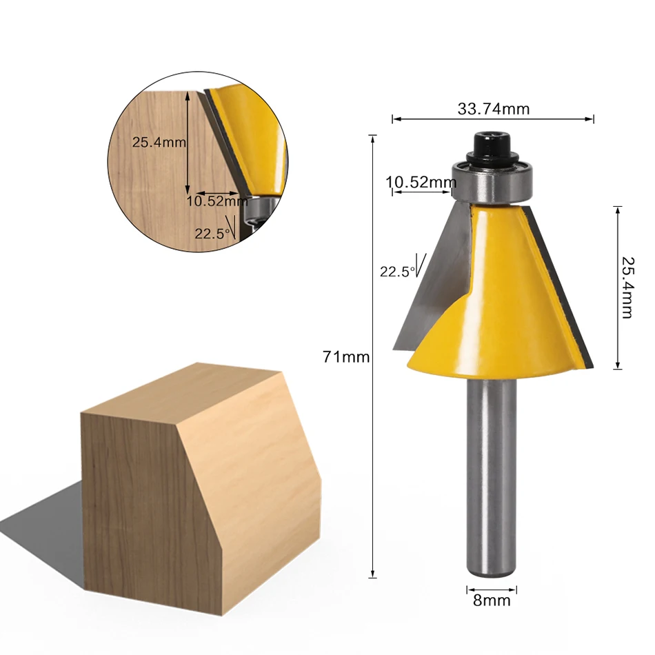 Broca de enrutador de chaflán de vástago de 8MM, cortador de fresado de 15, 22,5 y 30 grados para máquina de madera