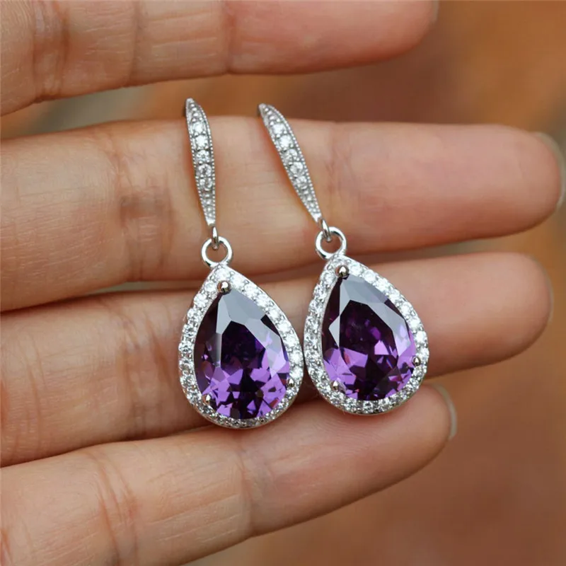 Huitan Classic Drop Earring for Women White/Blue/Purple CZ Stone Wedding Engagement Party Accessories Simple and Elegant Jewelry