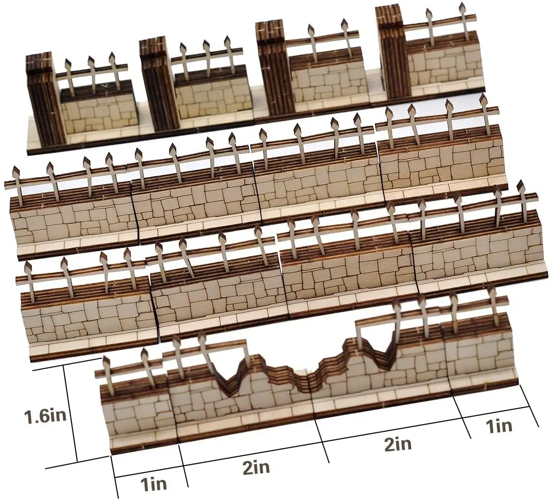 3D Modular Terrain Tiles, Dungeon Brick Walls, Corte a Laser em Madeira, Conjunto de 16, 2 in x 1 in, Escala de 28mm