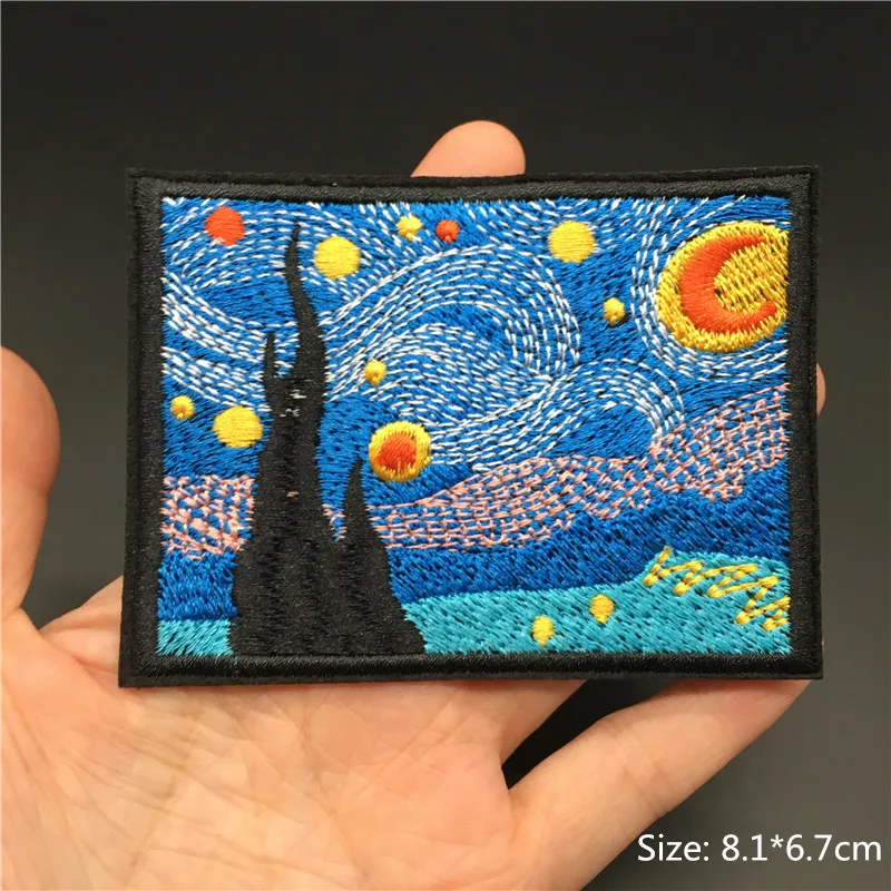 Embroidery Patches for Clothing Camp Iron On Patch Punk DIY Applique Clothes Stickers Van Gogh Star Night Mountain Wave Stripes