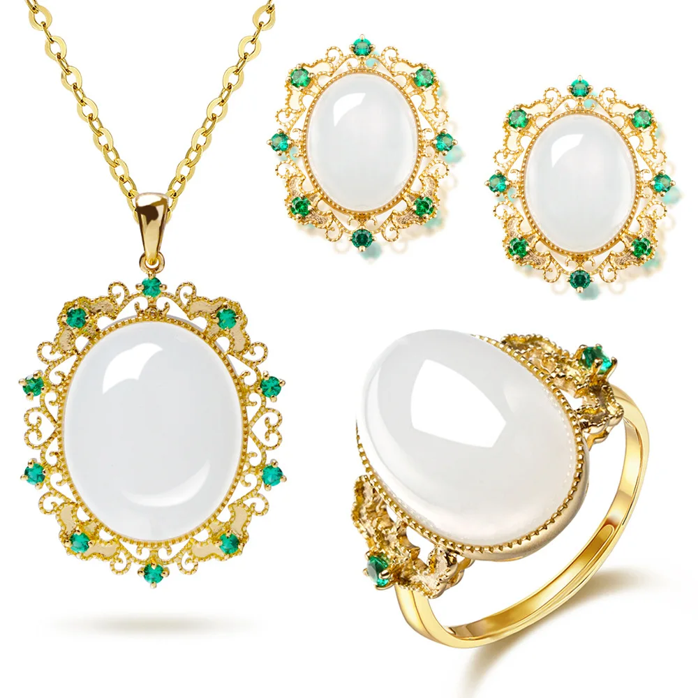 Foydjew New Colorful Treasure Jewelry Sets Simulation White Jade Stone Pendant Necklaces Earrings Open Ring Set For Women