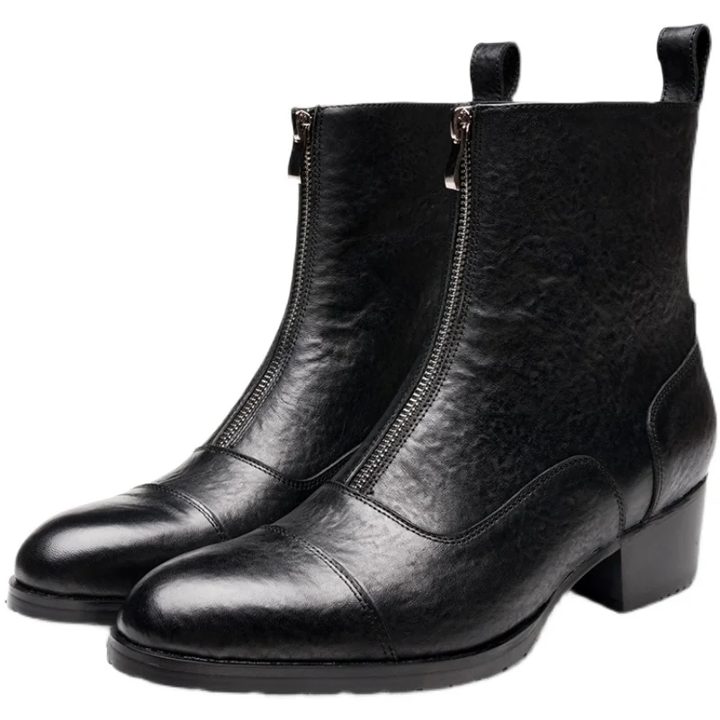 

High-heeled Martin boots men's genuine leather zipper style shoes high heels fashion stylist short dress formal chelsea boots