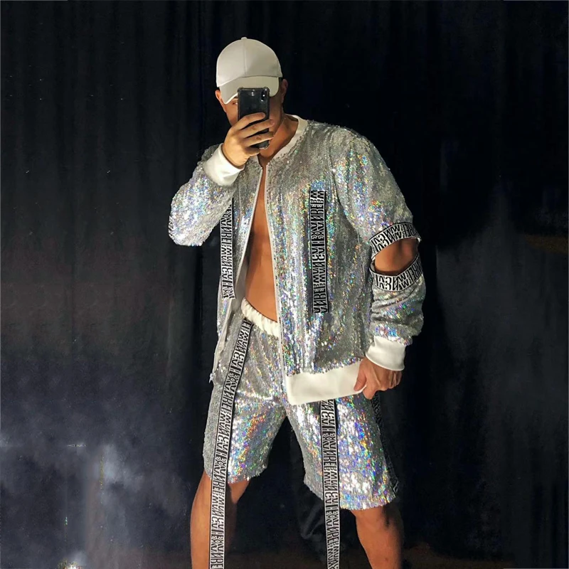 Shiny Silver Men\'S Set Sequins Jacket Pants Rave Outfits Men Nightclub Dj Tide Hip Hop Jazz Stage Performance Clothes XS2313