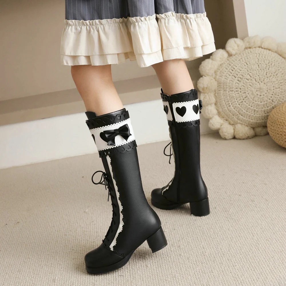 Women Vintage Lolita Boots Chunky High Heel Platform Mid-Calf Bootie Girls Studded Hollow Heart Shape Pink Black White Patchwork