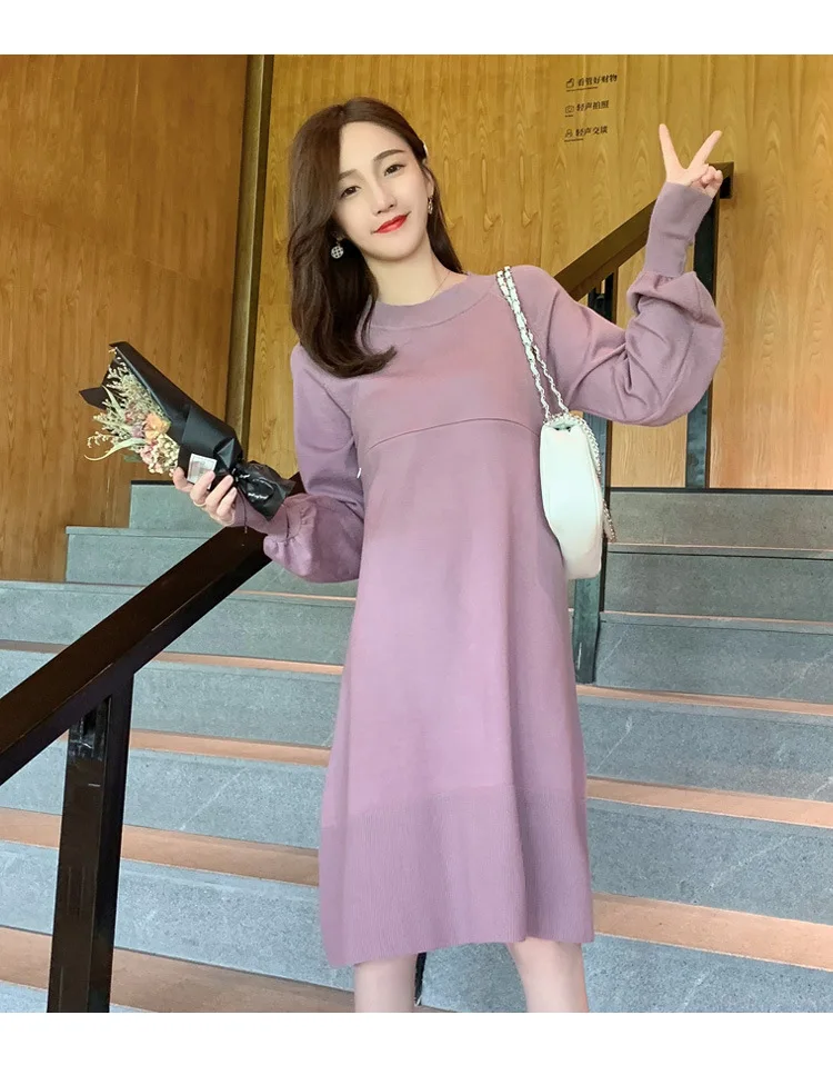 Long Lantern Sleeve Maternity Lactation Dress Loose Knitting Nursing Dress Postpartum Women Zipper Fly Breastfeeding Dress Cute