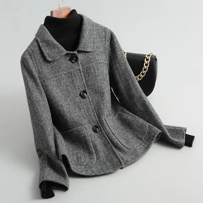 2023 Autumn Winter Herringbone Woolen Jacket Mother Clothing Plus size Loose Short Coat Single-breasted Female Warm Wool Outwear