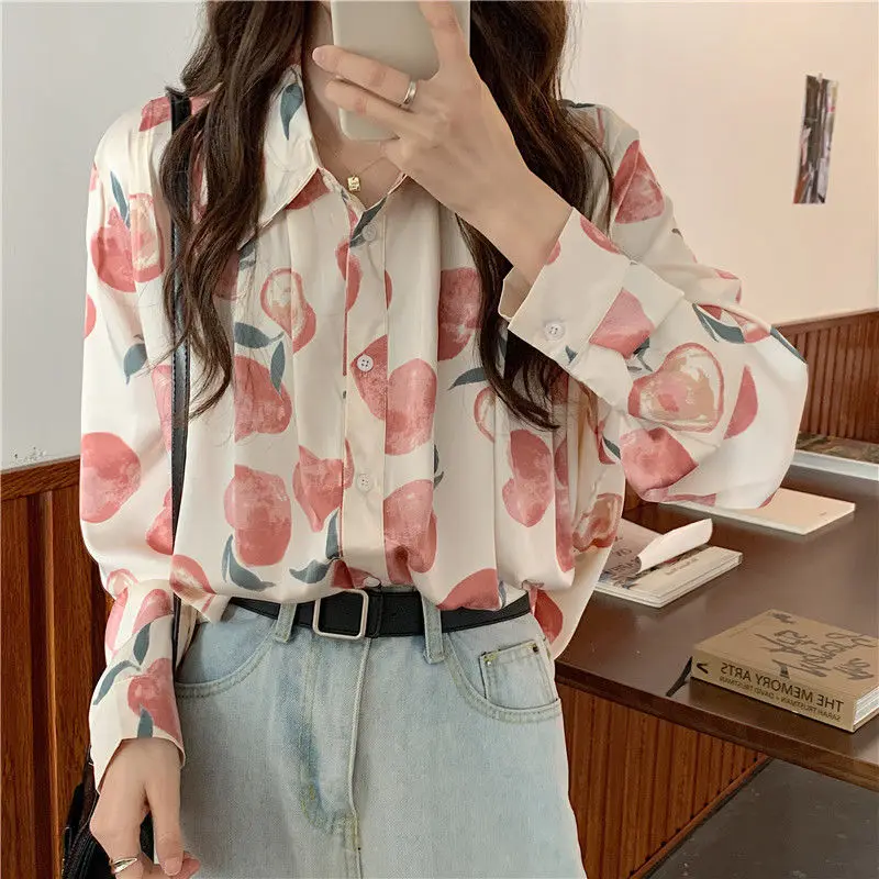 Shirts Women Retro College Female Peach-printed Breathable Single-breasted Spring Button Straight Long-sleeve Vintage Chiffon