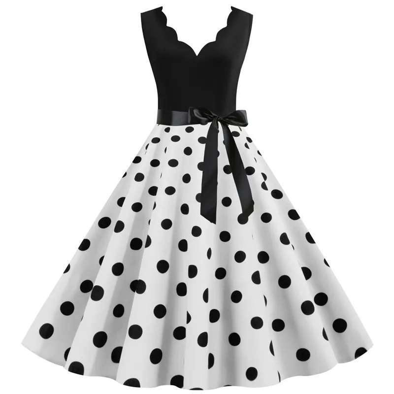 Polka Dot Print Women Summer Dress Black Patchwork Sleeveless V Neck Elegant Vintage Party Casual Midi Dress