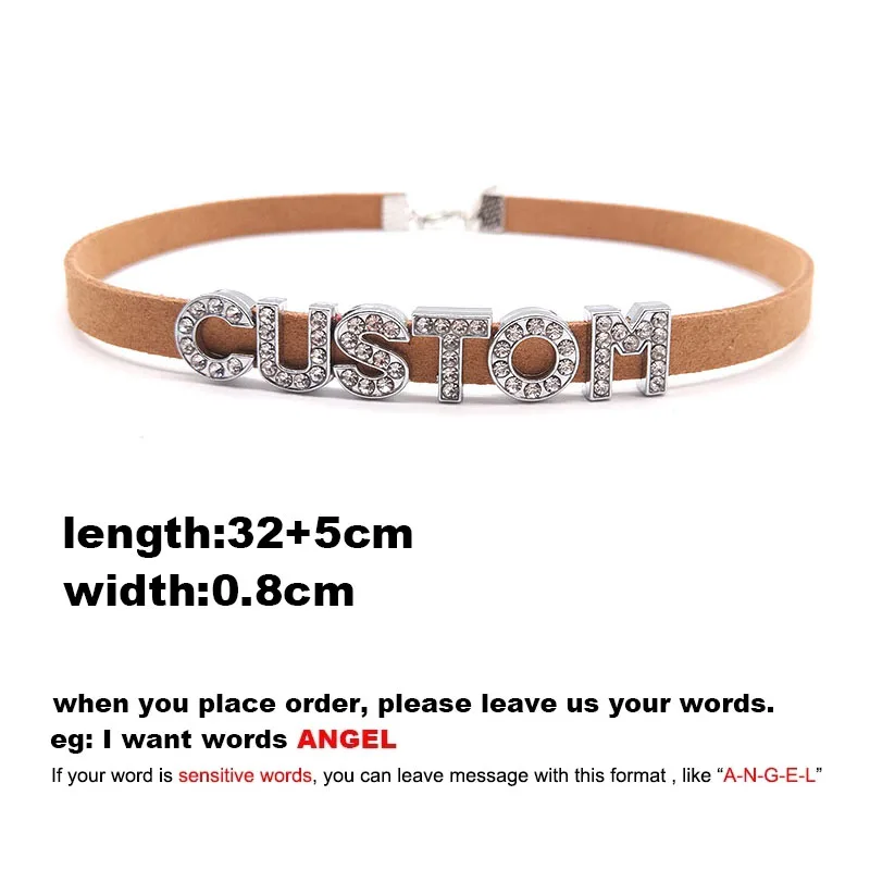 Bling Rhinestone Letter & Number DIY Personalized Customized Name Letter Brown Necklace Choker Collar for Women Anniversary Gift