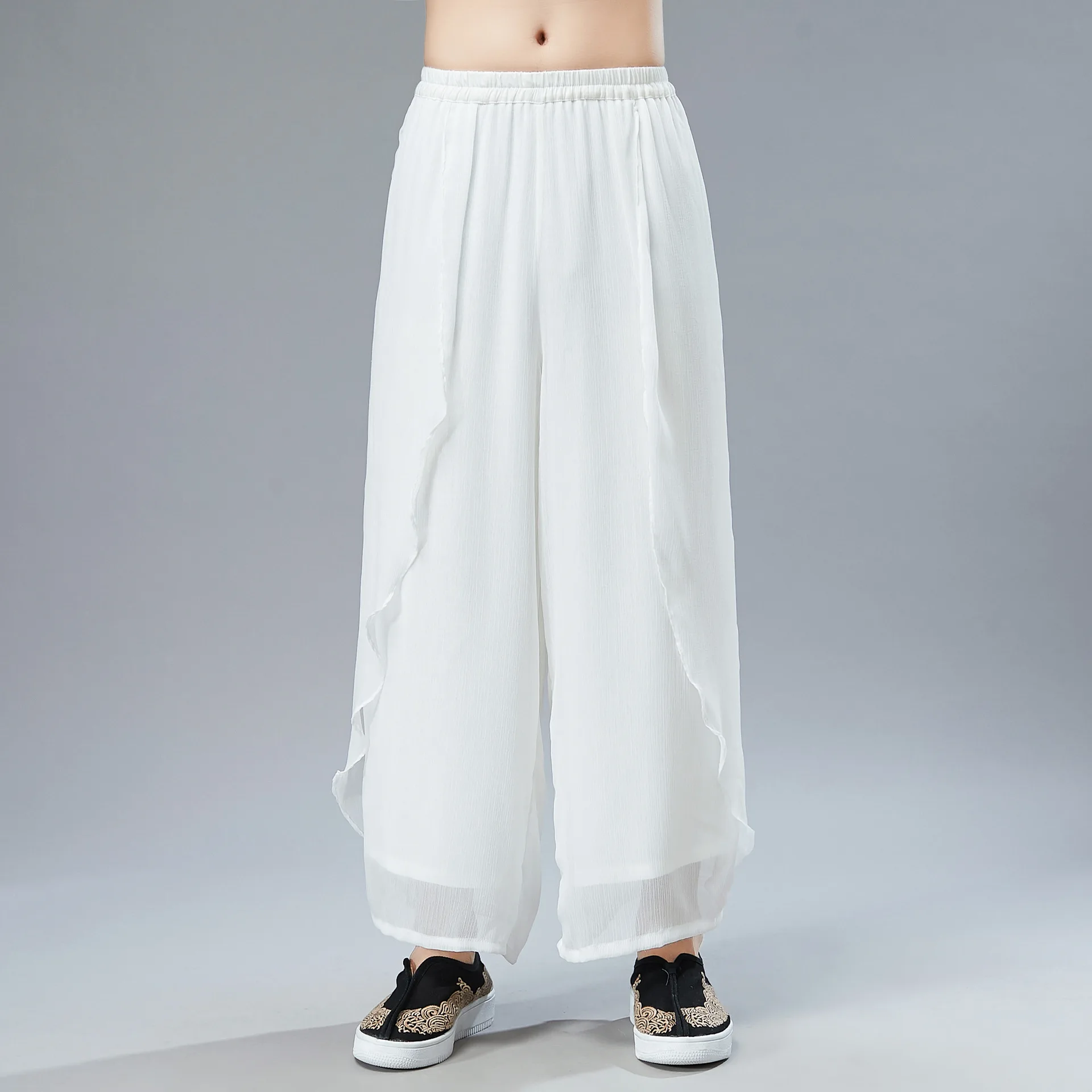 Men Yoga Tai Chi Pant Linen Chinese Traditional Loose Wide Leg Sweatpant Bloomers Kungfu Martial Arts Casual Jogger Running Pant