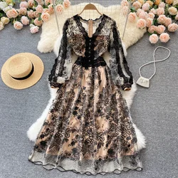 Autumn New Woman Chic Black Lace Dresses 2021 Palace Style Vintage Ins Heavy Industry Embroidery Lace Mid-length Female Vestidos