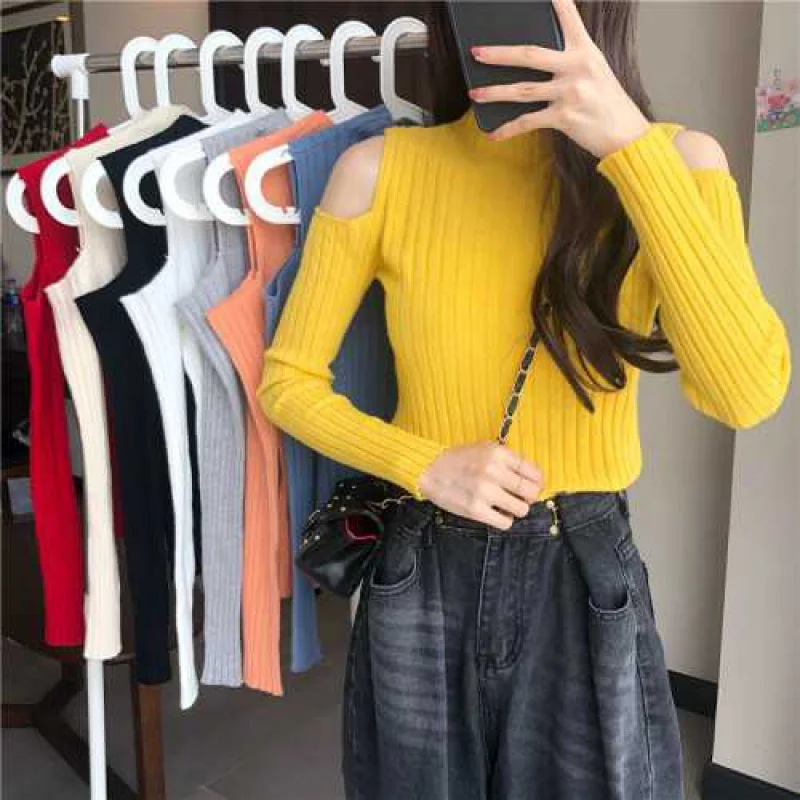 Sweater Women Turtleneck Off-shoulder sexy knit Orange short sweater 2020 Winter jumpers elegant solid Full slim pullover tops