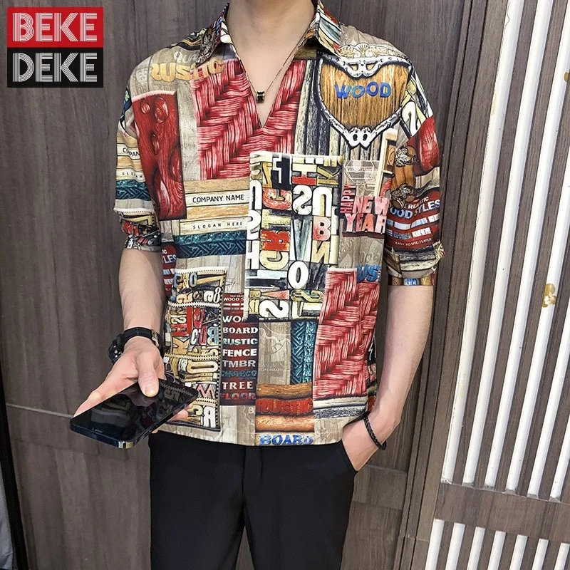

Summer Fashion Turn-Down Collar Pullover Casual Shirt Men Half Sleeve Personality Printing Shirt Vintage Streetwear Mens Tops