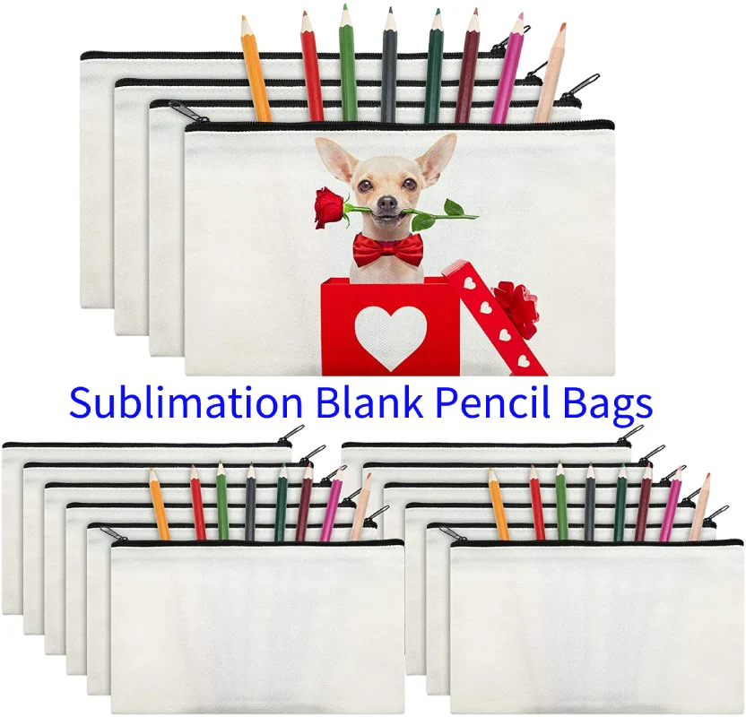 Sublimation Blank Canvas Pencil Bag Women Zipper Makeup Bag Portable Heat Transfer Print Student Pen Bags