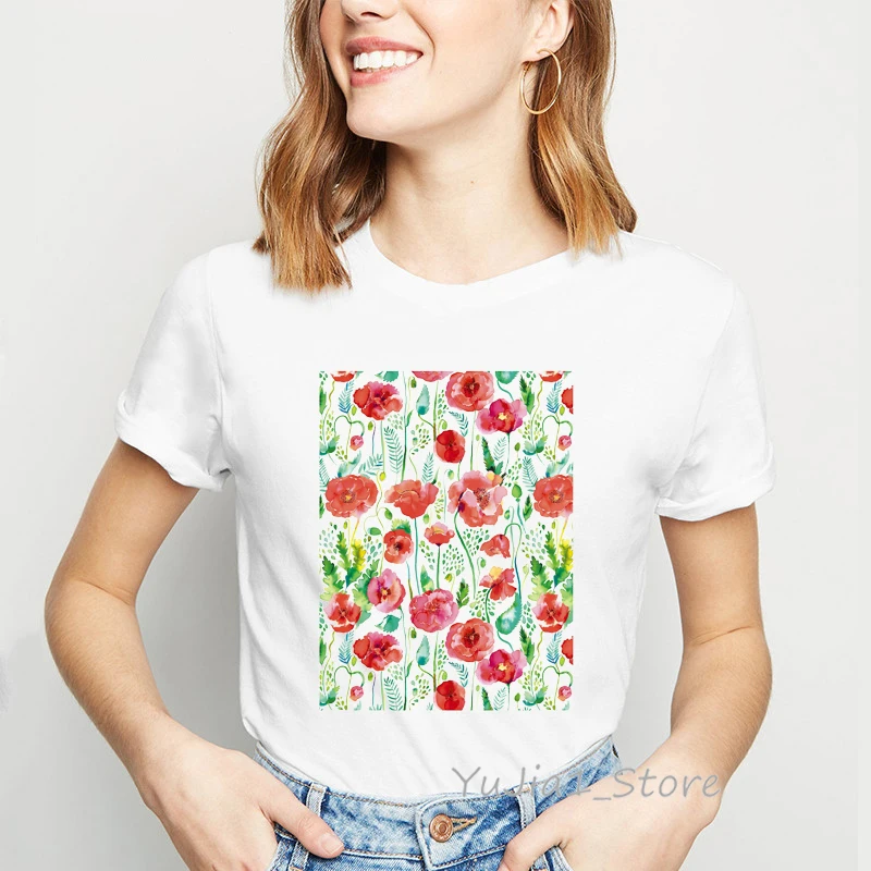 Watercolor Red Poppies Flowers Printed White T Shirt Summer Hipster Women T Shirts Casual Tops Cute Short T-Shirts For Girl