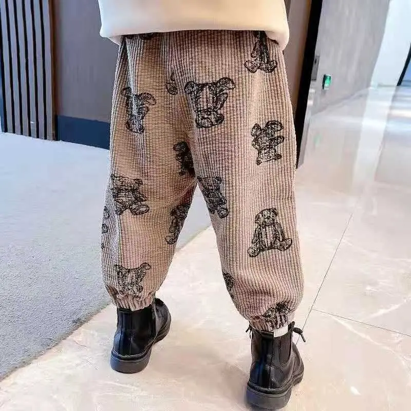 

Corduroy Girls Pants 2022 Autumn Winter Trend Cute Cartoon Bear Pattern Velvet Thickened Warm Elastic Trousers Kids Clothes