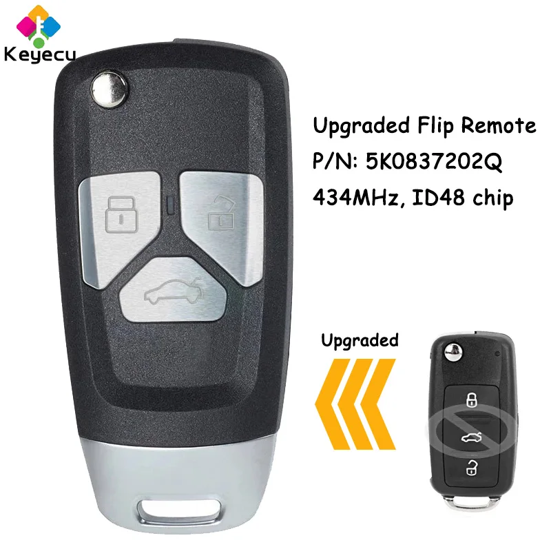 KEYECU 5K0837202Q Upgraded Flip Remote Key With 3 Button 434MHz ID48 Chip - FOB for Volkswagen Beetle Caddy Eos Golf Jetta Polo