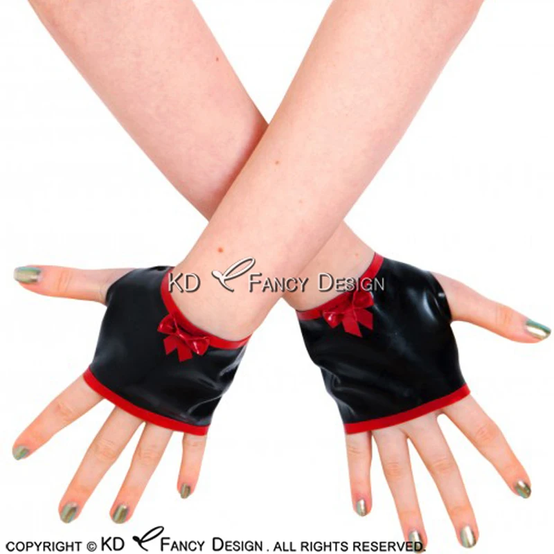 Black And Red Sexy Fingerless Short Latex Gloves With Bows Stripes Rubber Mittens ST-0057