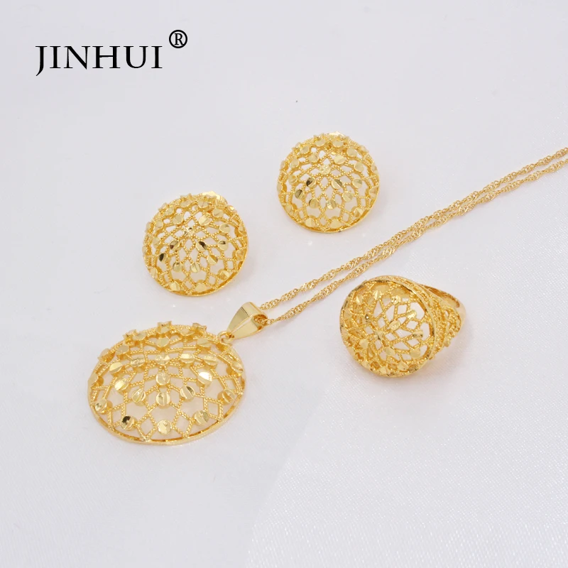 Ethiopia gold plated Dubai jewelry sets women African Party wedding gifts Necklace and Earrings ring sets 45cm Pendant gifts