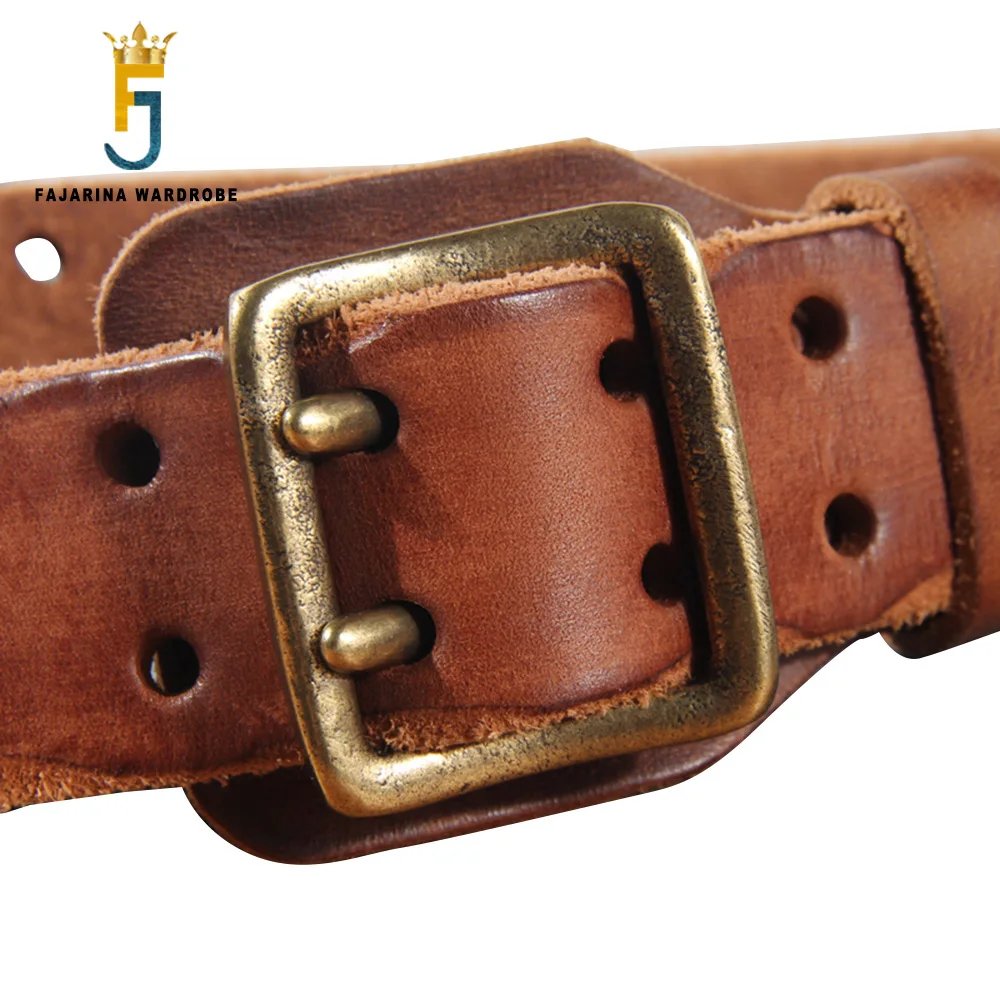 FAJARINA Top Quality 100% Cowhide Leather Retro Men's Solid Brass Double Pin Buckle Men's Belts for Men Casual Styles N17FJ1022