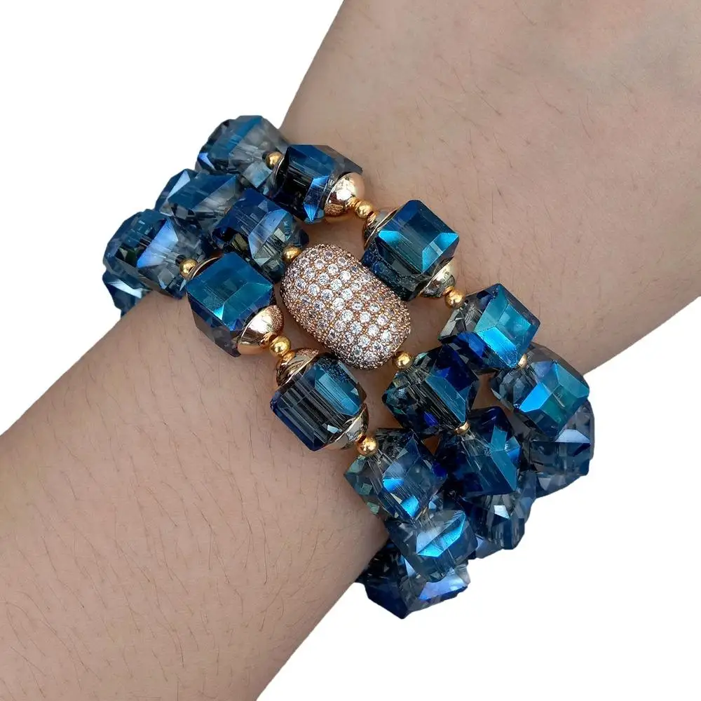 KKGEM 3 Strands Faceted Cube Shape Blue Crystal Cubic Zirconia Pave Bead Bracelet 8.5" 6