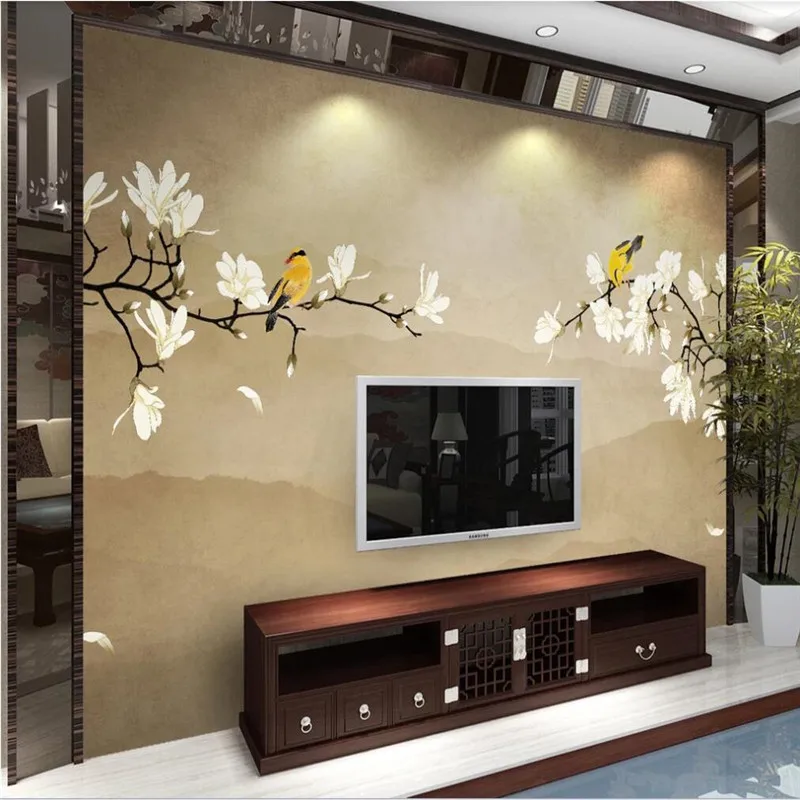 Custom mural wallpaper Chinese style magnolia flower hand-painted flowers and birds background wall decoration painting