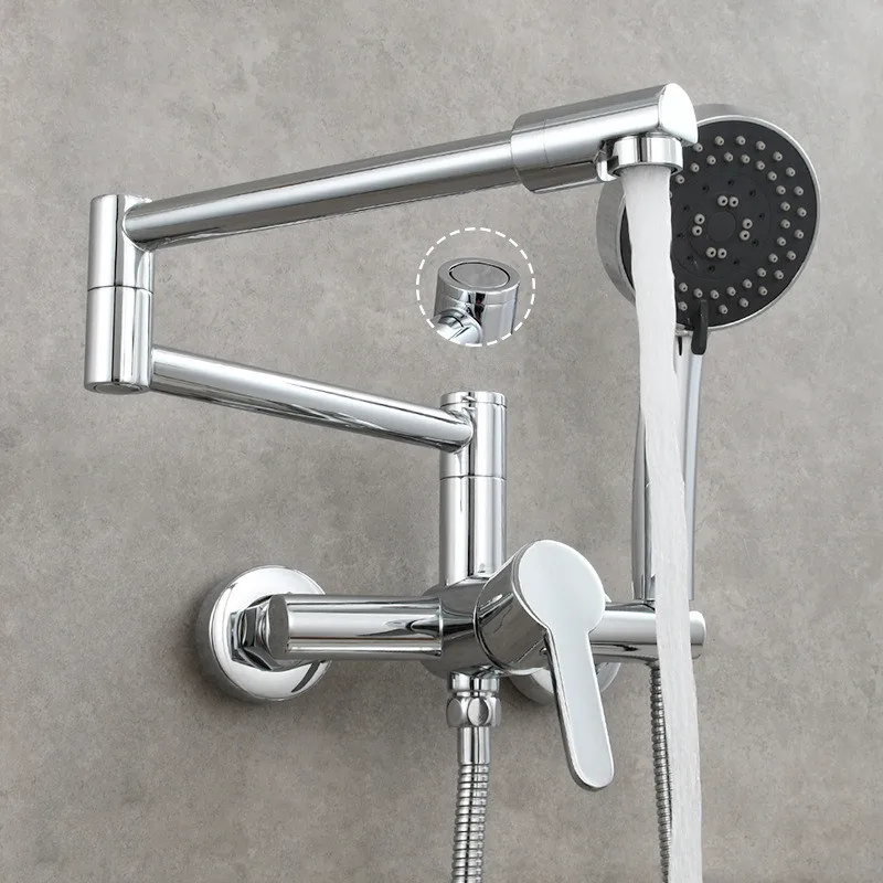 Tuqiu Fodable Kitchen Faucet  Brass Black Kitchen Sink Mixer Tap Hot & Cold Wall Mounted With Spray Gun Rotating Sink Mixer