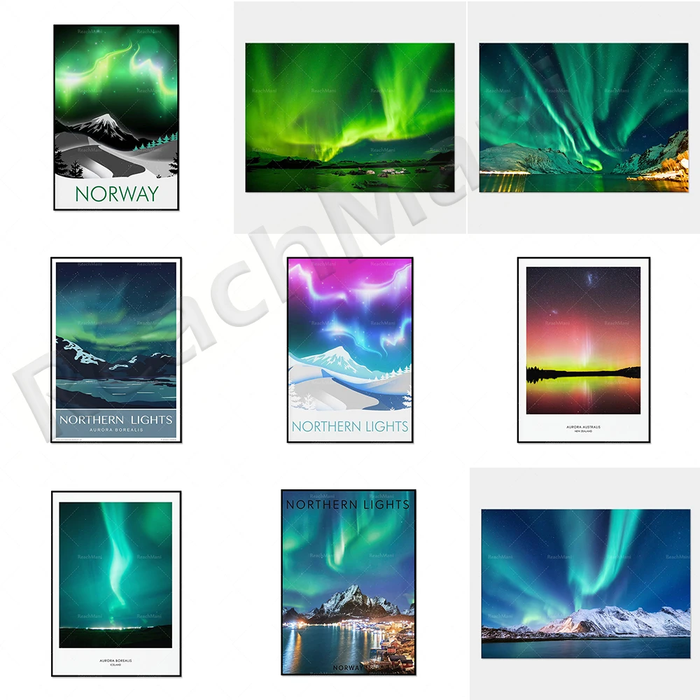 Norway travel prints, aurora printing, northern lights, southern aurora, minimalist design, astronomical posters minimalist retr