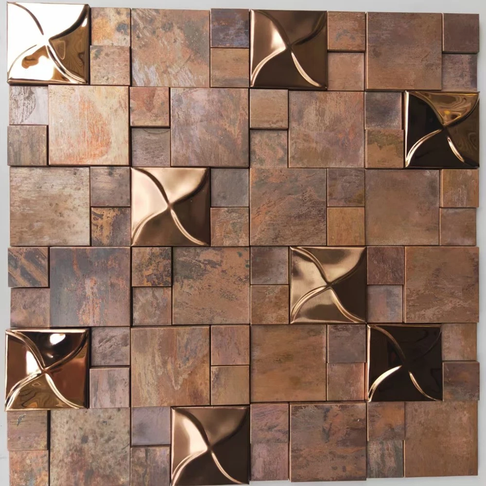 Retro Copper 3D Metal Mosaic Tiles,  Living Room Workroom Kitchen Backsplash Bronze Brushed  Wall Mosaic Tile