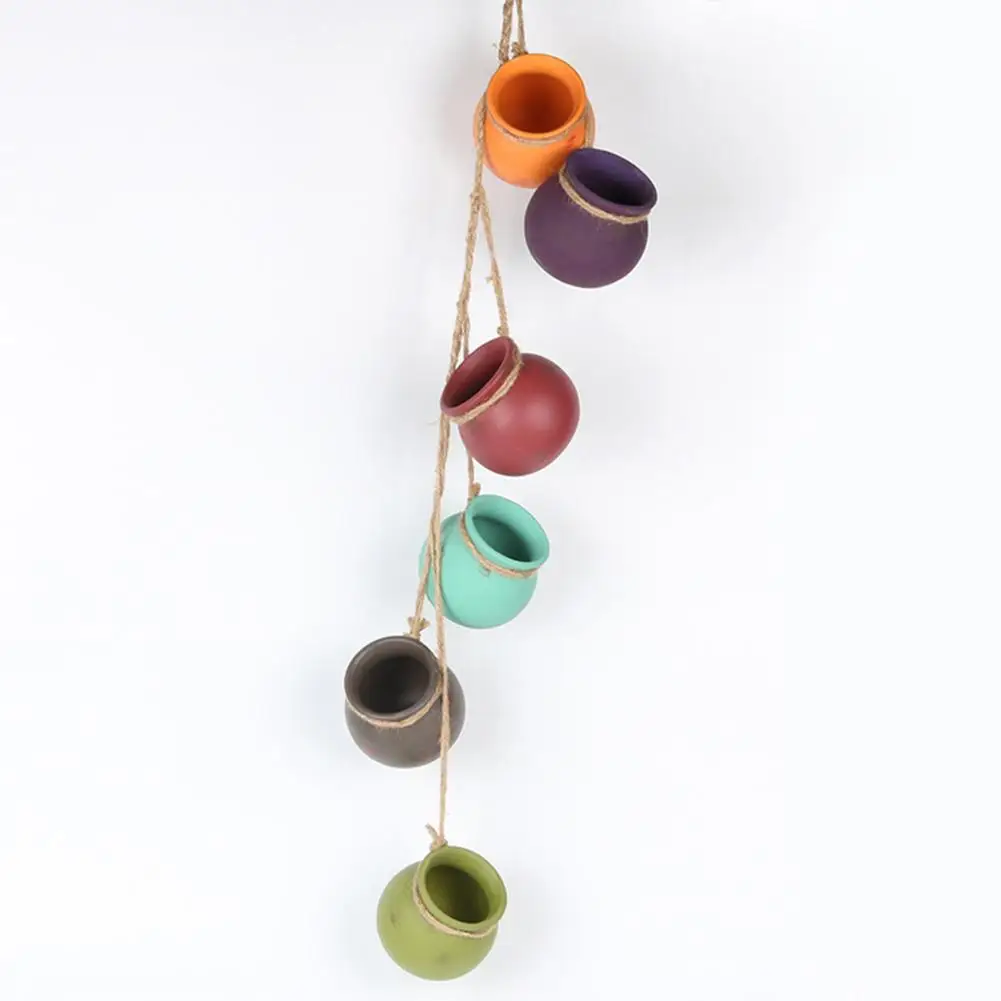 

6PCS Mini Color Flowerpot Rope String Cylinder Succulent Ceramic Hanging Bowl Basket Wall Hanging Lazy Flower Pot