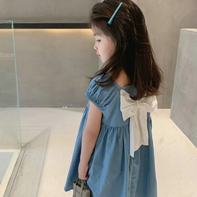 Summer Girls' Dress Bow Knot Square Collar Short Sleeve Sweet Princess Dress Korean Style Children'S Baby Kids Clothing For Girl