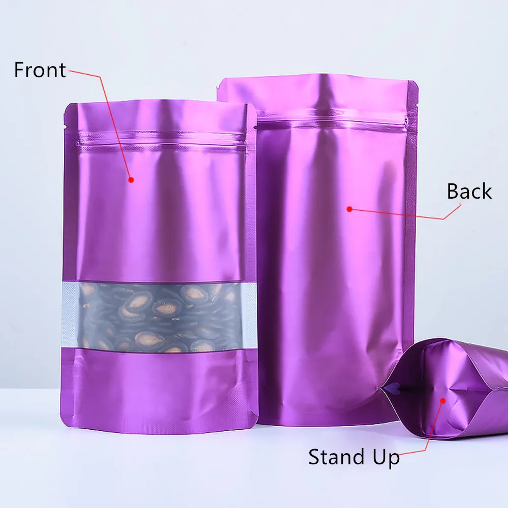 100Pcs/Lot Zip Lock Stand Up Doypack Tear Notch Reusable Food Storage Pouches Purple Aluminum Mylar Foil Bag with Frosted Window