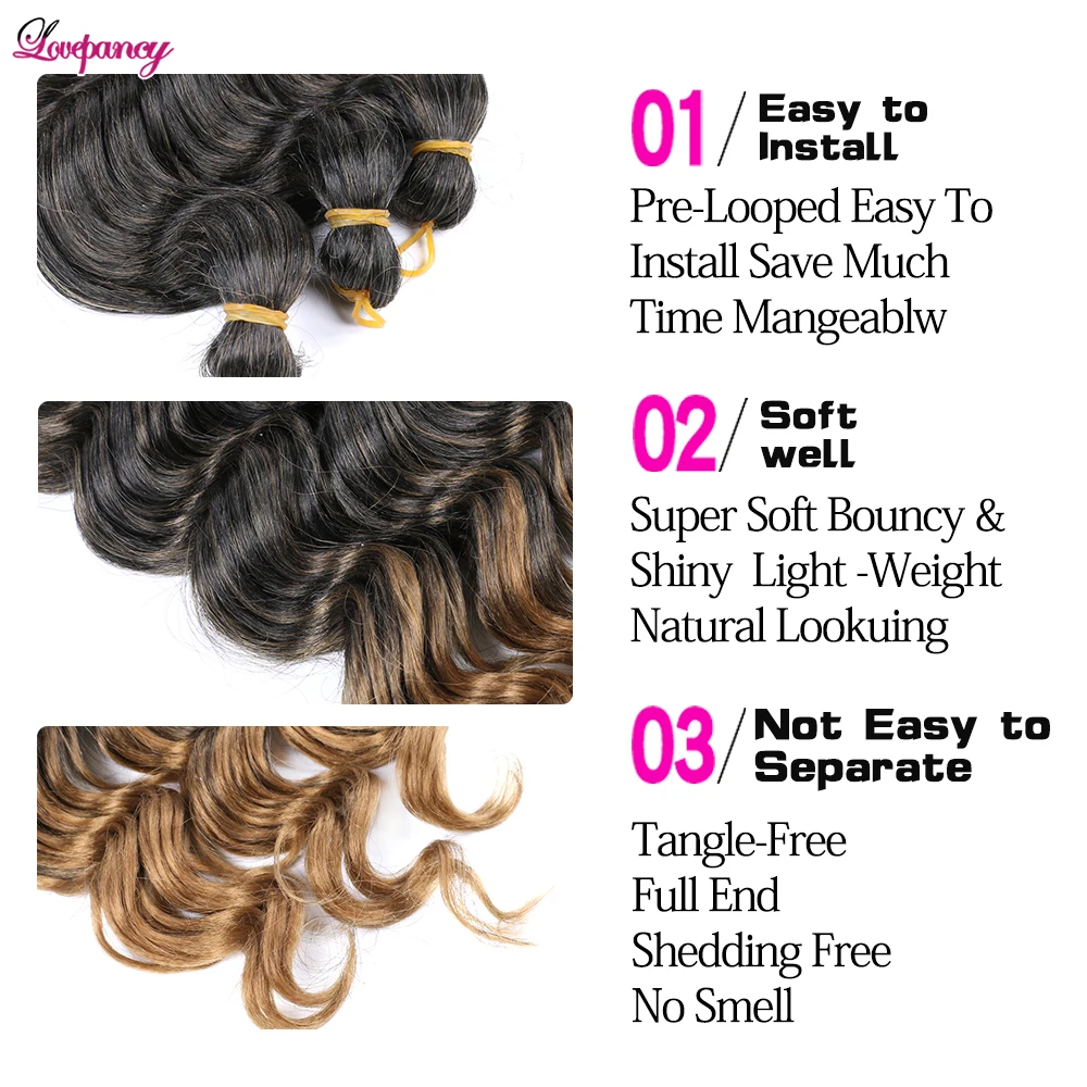 Lovepancy 22นิ้ว Deep Wave โครเชต์ Twist ยาวสังเคราะห์สำหรับผู้หญิงสีดำ Curly Ombre สีบลอนด์สีน้ำตาล Daily Hair Extensions