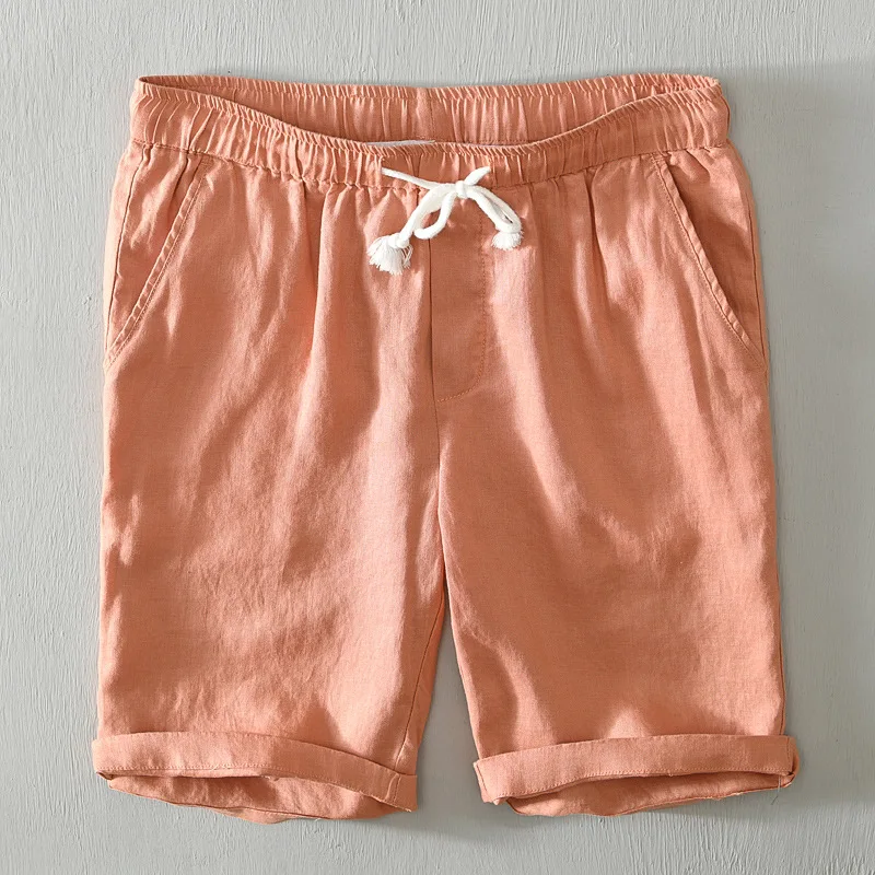 Men Summer 100% Linen Shorts Candy Color 6 Colors Beach Holiday Home Male Japan Simple Casual Slim Fit Harajuku Soft Thin Shorts