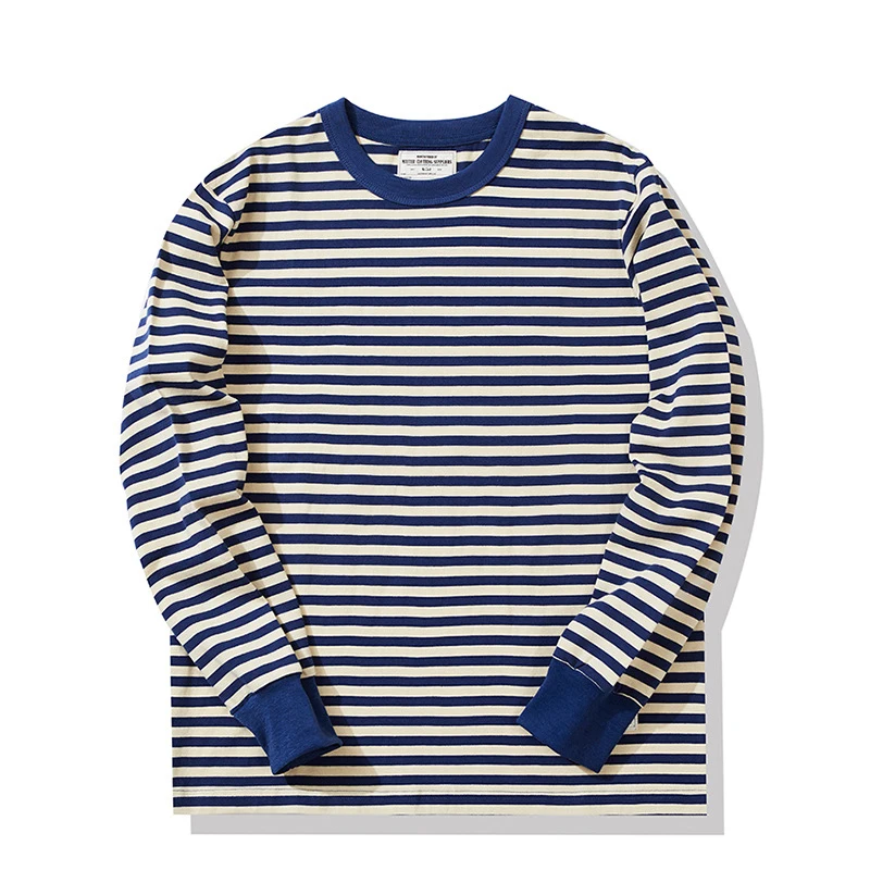 

Ok0202 280G Men T-Shirt Cotton Heavy Weight Classic Fashion Simple Blue Pinstripe Long Sleeve Round Neck Color Match Thick Tee