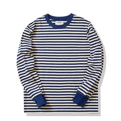 Ok0202 280G Men T-Shirt Cotton Heavy Weight Classic Fashion Simple Blue Pinstripe Long Sleeve Round Neck Color Match Thick Tee