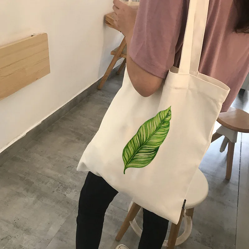 Women Canvas Shoulder Book Bags Female Eco Handbag Tote Shopper Reusable Foldable Storage Bag Banana Leaf Printed Shopping Bags