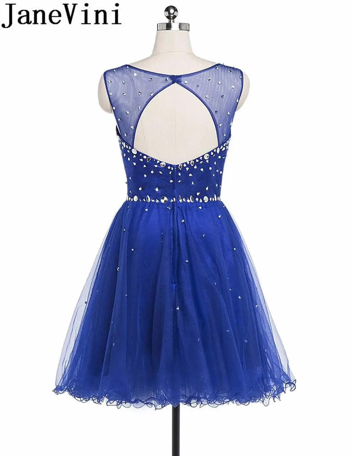 JaneVini azul real corto vestidos de bienvenida de cristal con cuentas de tul vestido Formal de una línea vestido de corte espalda abierta mujeres vestidos de fiesta