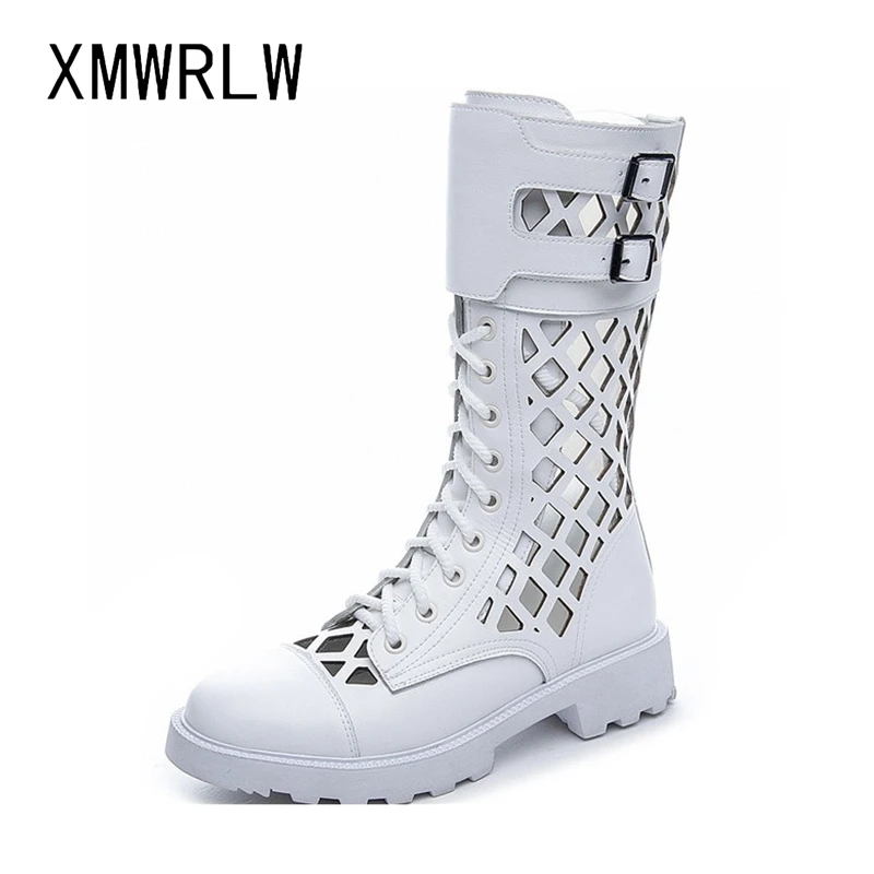 XMWRLW Women\'s Boots 2020 Summer Genuine Leather Woman Mid-Calf Boots Fashion Hollow Out Ladies Shoes Women Summer Boot Shoes