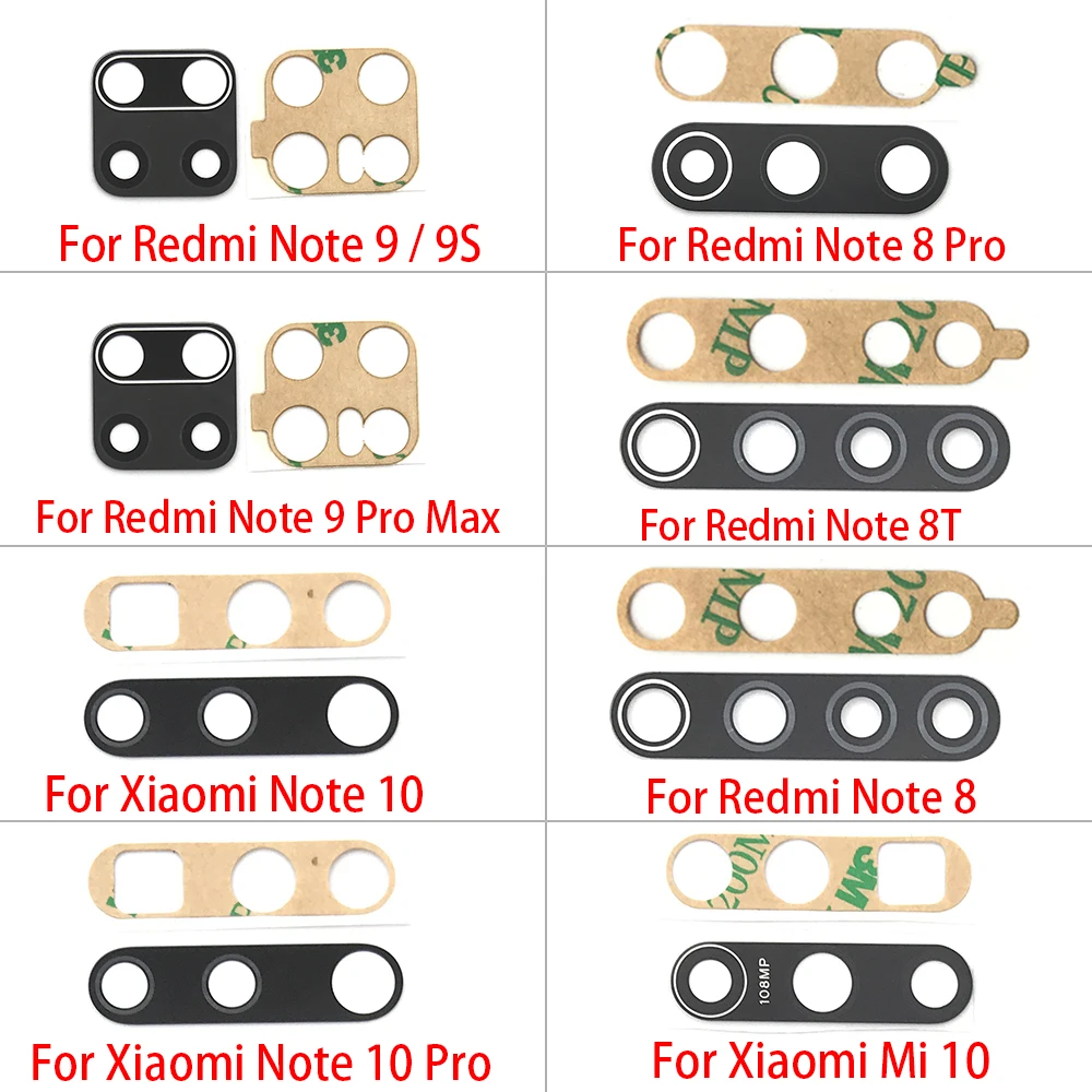 2 pezzi, obiettivo posteriore in vetro per fotocamera posteriore per Xiaomi Redmi Note 8 Pro 7 9 9S 10 11 11s Pro 10s 8T 9A 9C Mi Note 10 10T Pro con adesivo