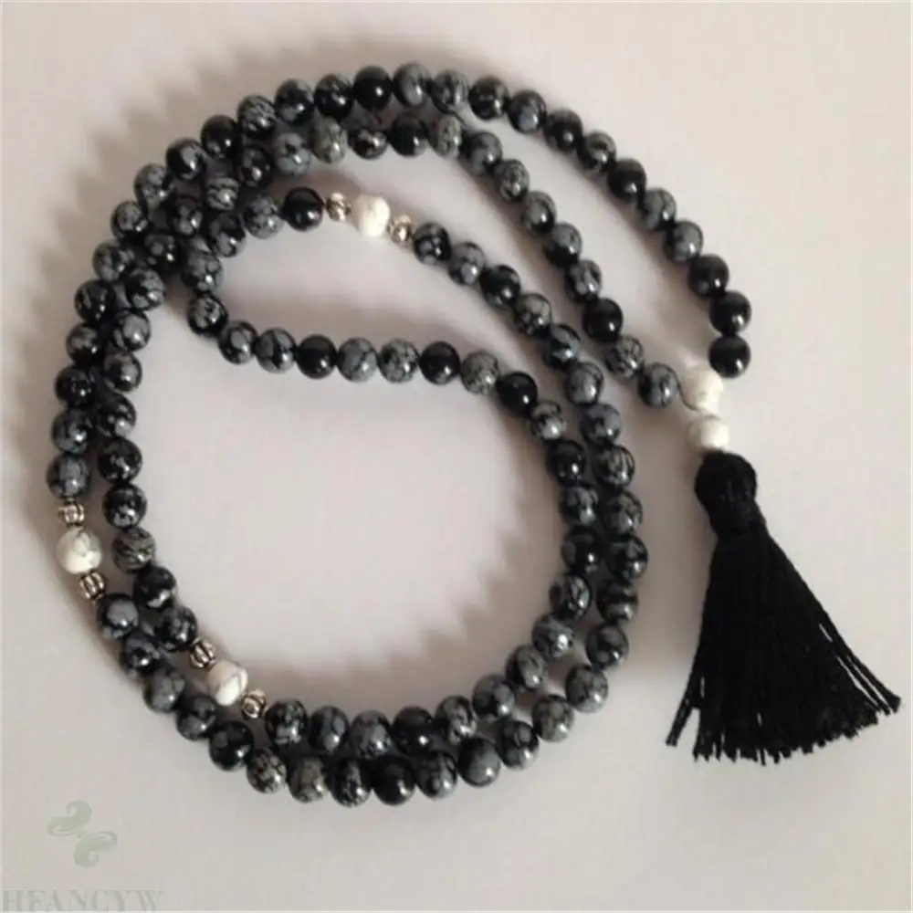 6mm Black Snowstone 108 Bead Tassel Pendant Stretch Bracelet Pray Meditation Cuff Prayer Spirituality Yoga Mala  Men