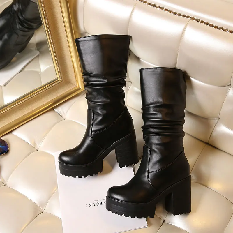 Sgesvier Classic Lady Winter Mid Calf Solid Boots Brand High Heel Boots Women Block Heel Platform Round Toe Shoes Woman black