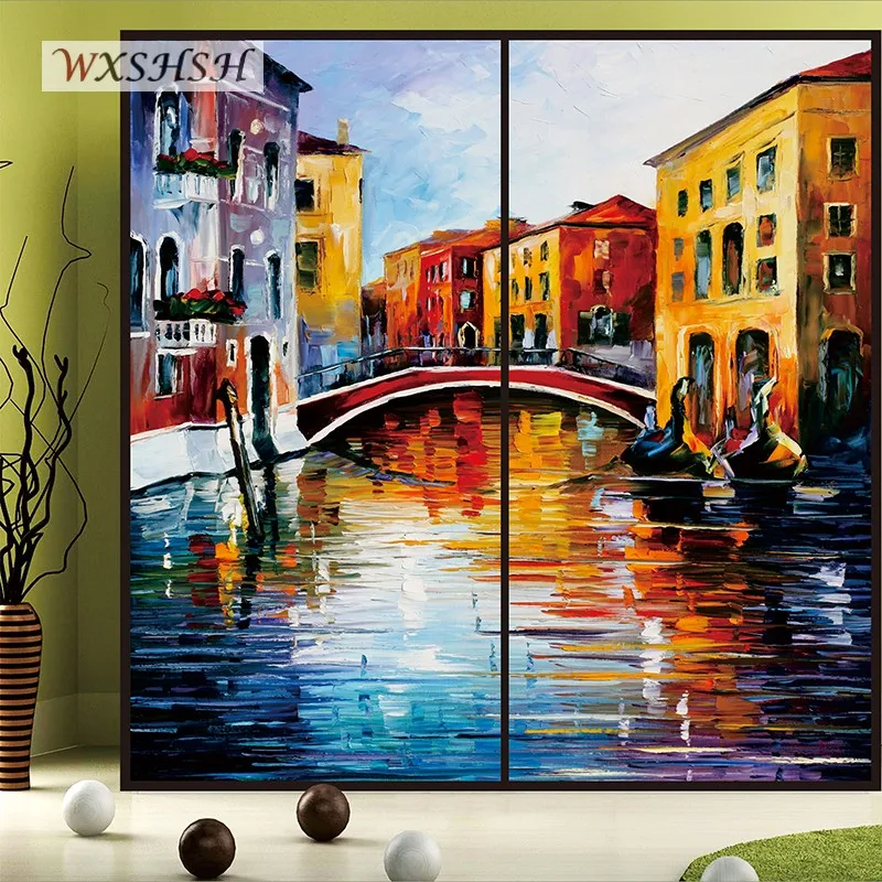 Custom Size Stained Glass Film Static Cling Recyclable Private Protection Night Street Scene Oil Painting Home-Decor 40cmx100cm